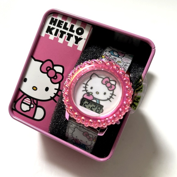 NIB Hello Kitty Digital LCD Watch Pink Rhinestone Faux Pearl Bezel Tin Box - Picture 4 of 4